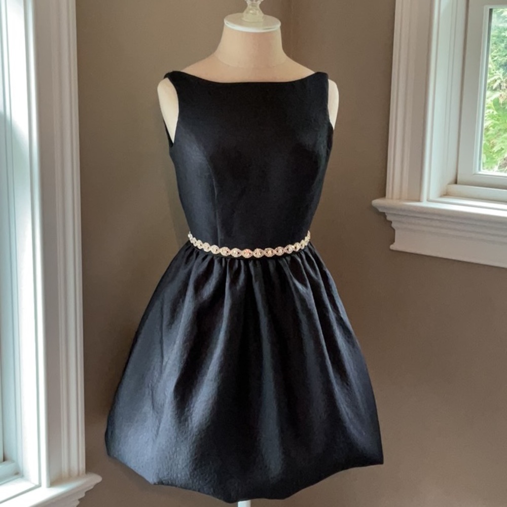 Sherri Hill Black Crystal Belted Mini Dress